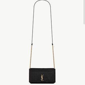 Saint Laurent Black Croc-Embossed Leather Crossbody with Gold Chain + dustbag